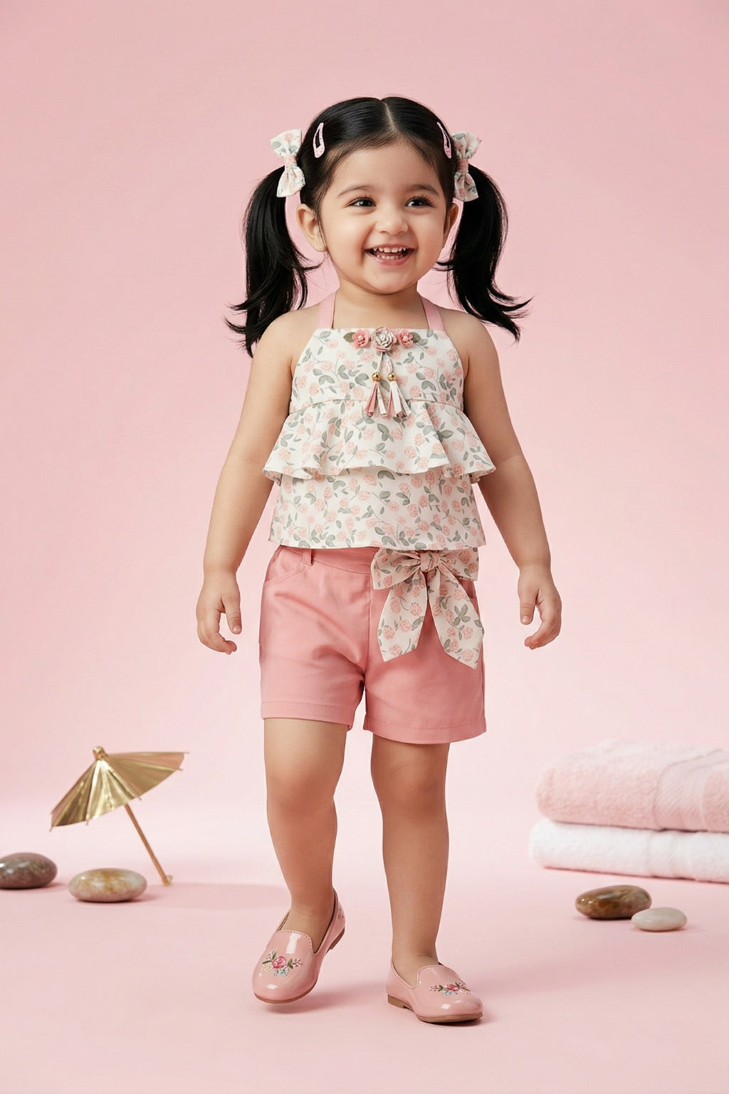Floral Layered Top & Pink Shorts Co-ord Set TSSET40262