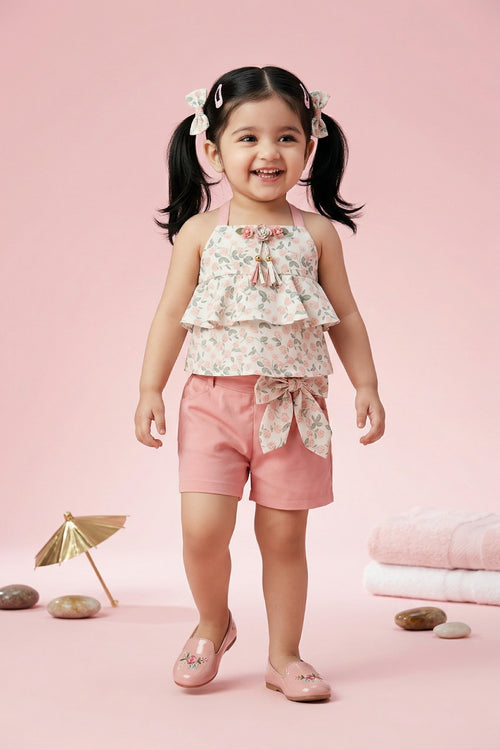 Floral Layered Top & Pink Shorts Co-ord Set TSSET40262
