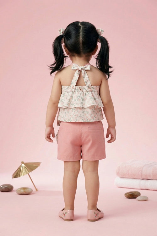 Floral Layered Top & Pink Shorts Co-ord Set TSSET40262