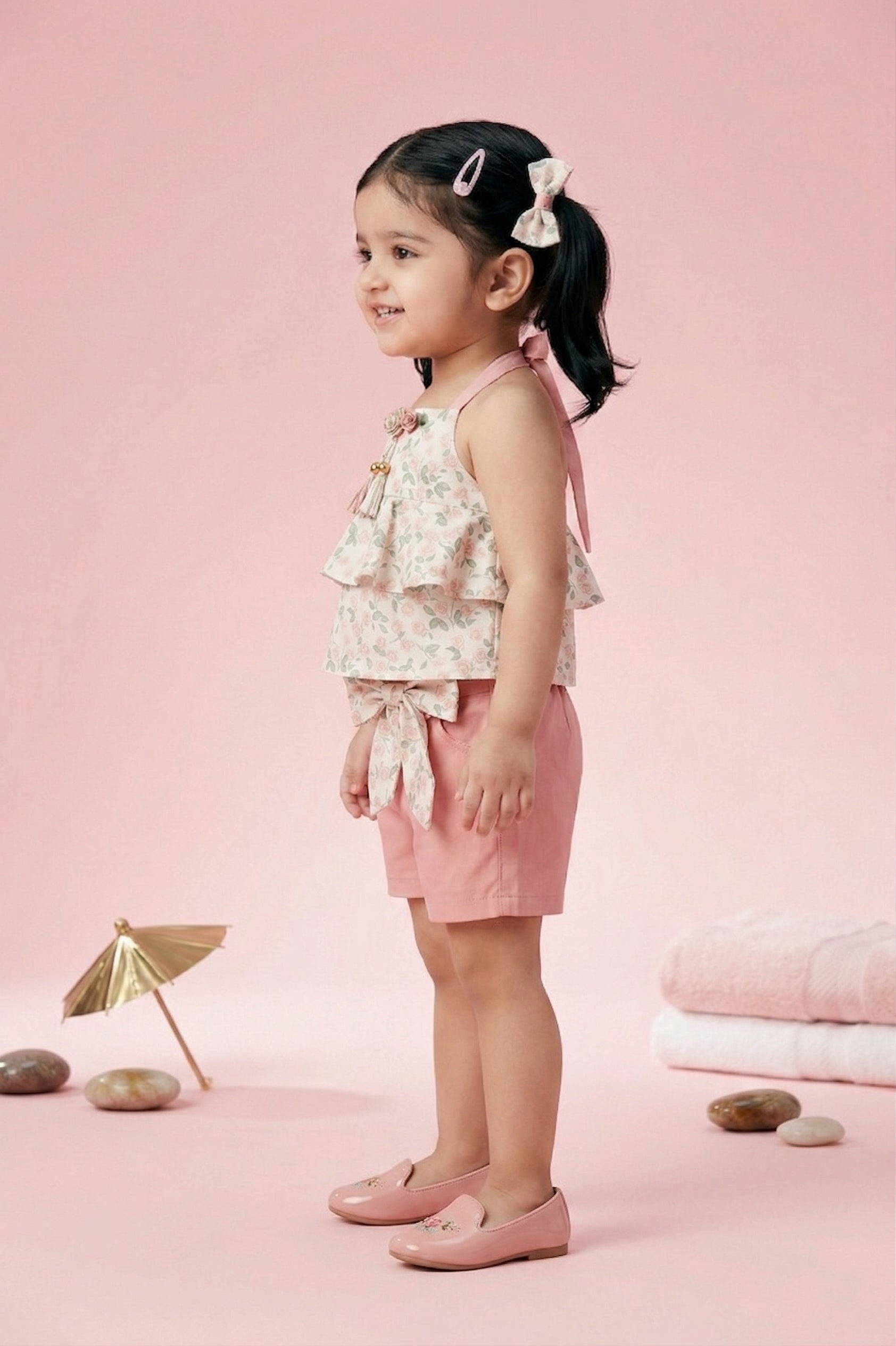 Floral Layered Top & Pink Shorts Co-ord Set TSSET40262