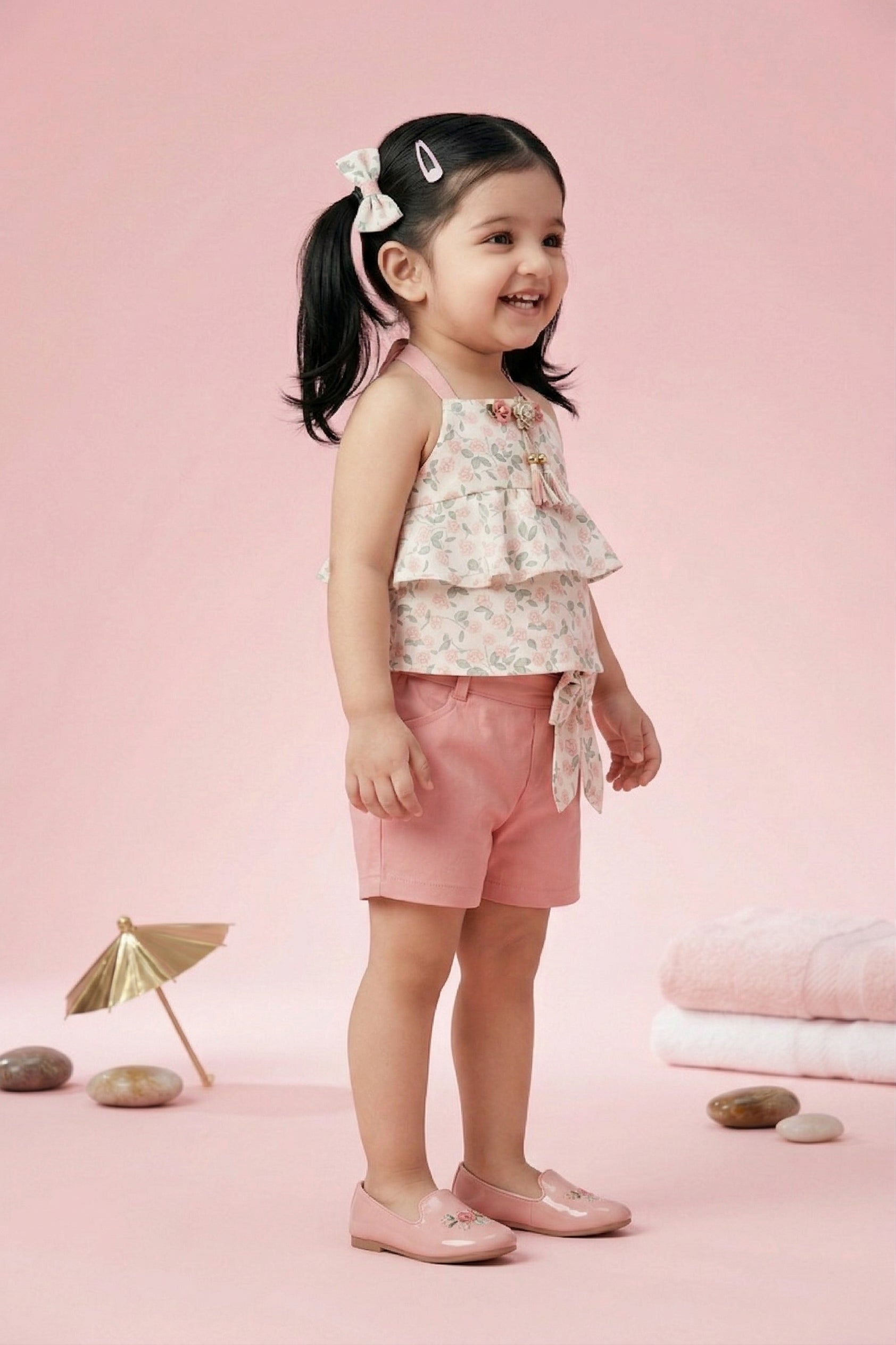 Floral Layered Top & Pink Shorts Co-ord Set TSSET40262