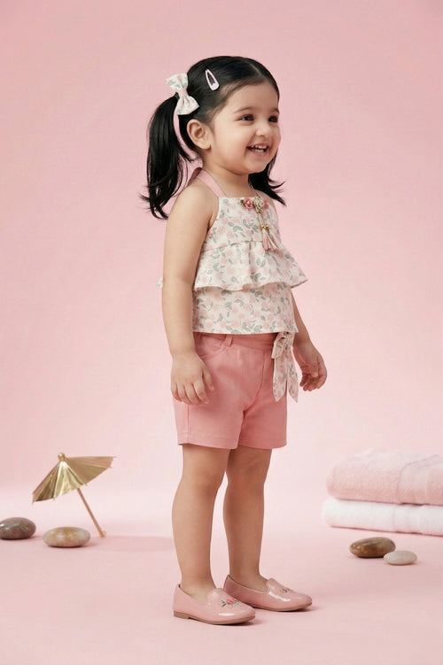 Floral Layered Top & Pink Shorts Co-ord Set TSSET40262