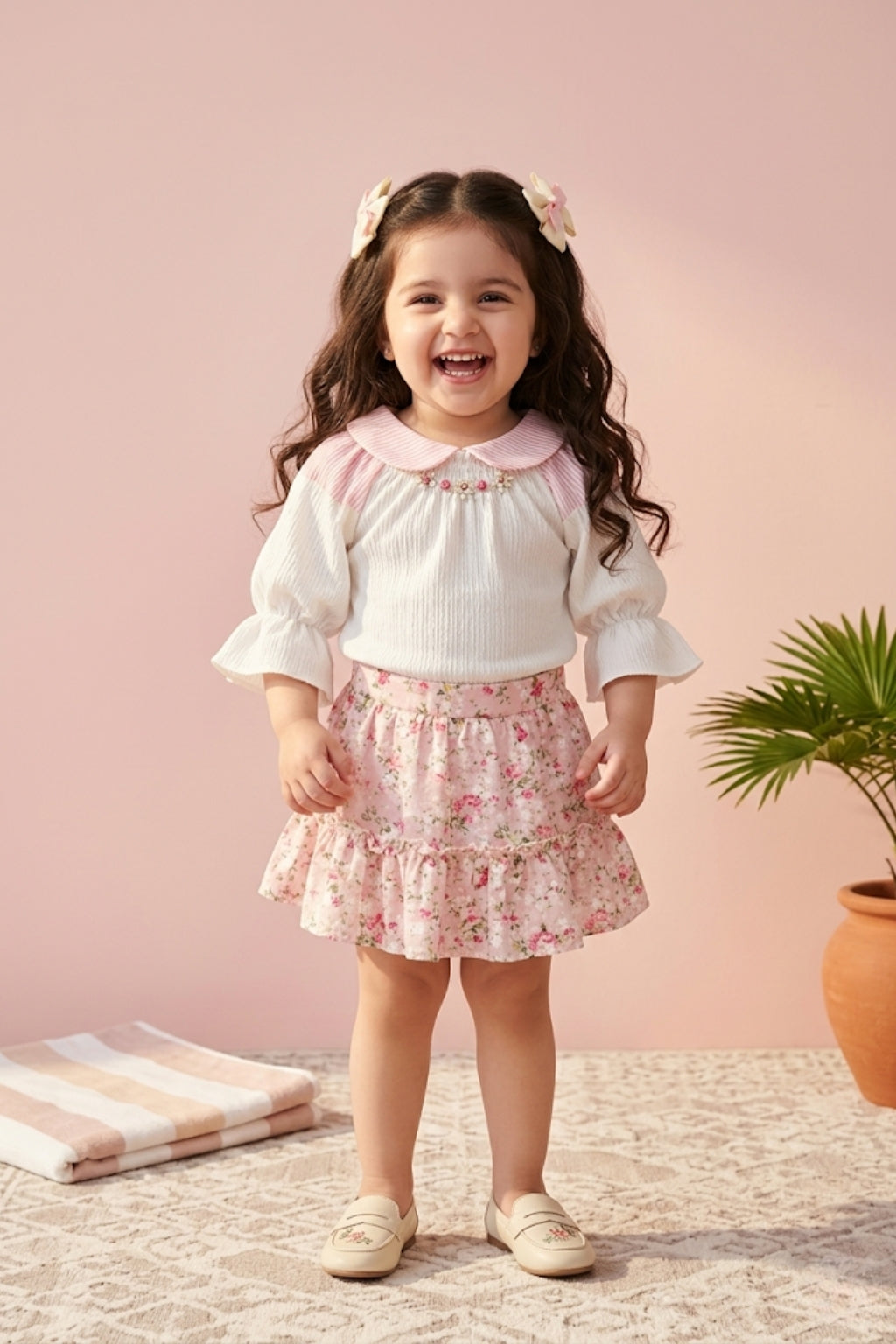 Pink Floral Skirt Set with Textured Top TSSET40330