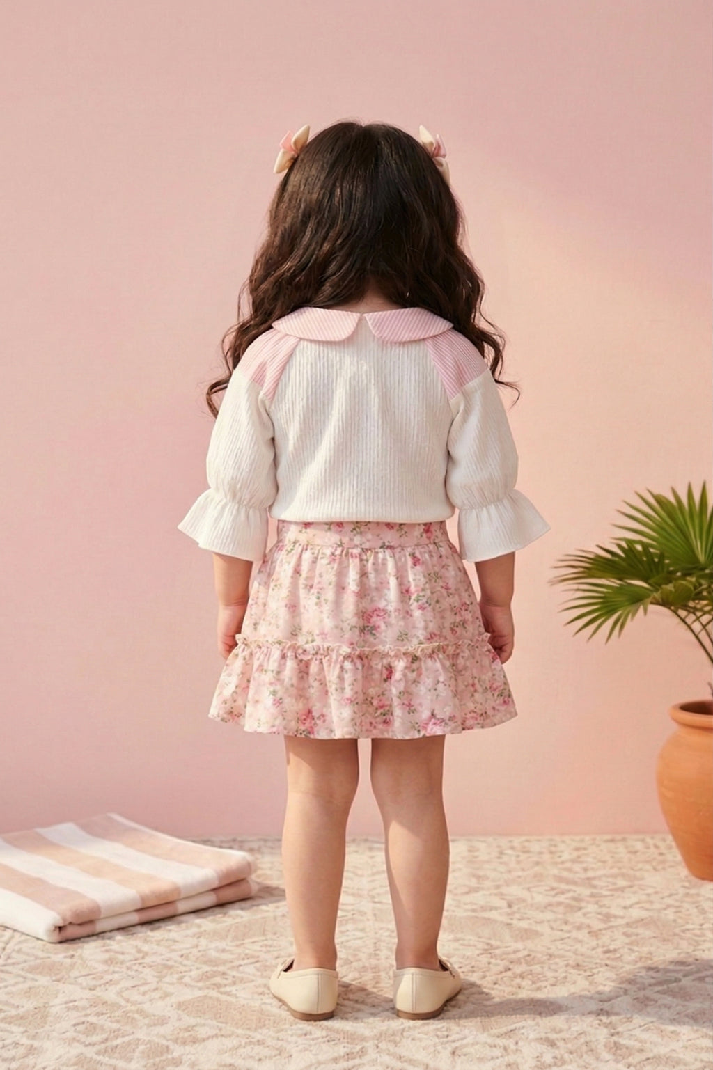 Pink Floral Skirt Set with Textured Top TSSET40330