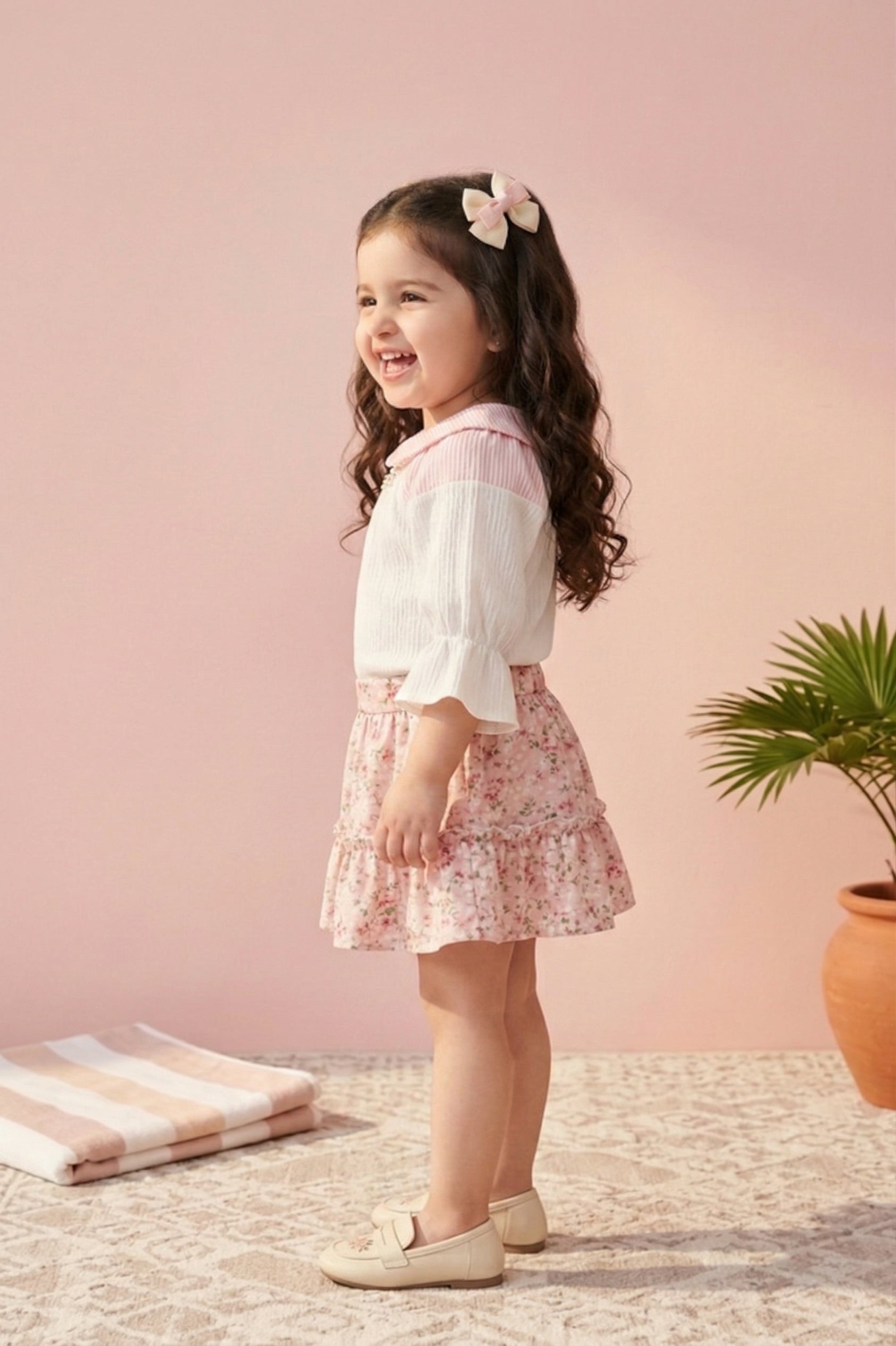 Pink Floral Skirt Set with Textured Top TSSET40330