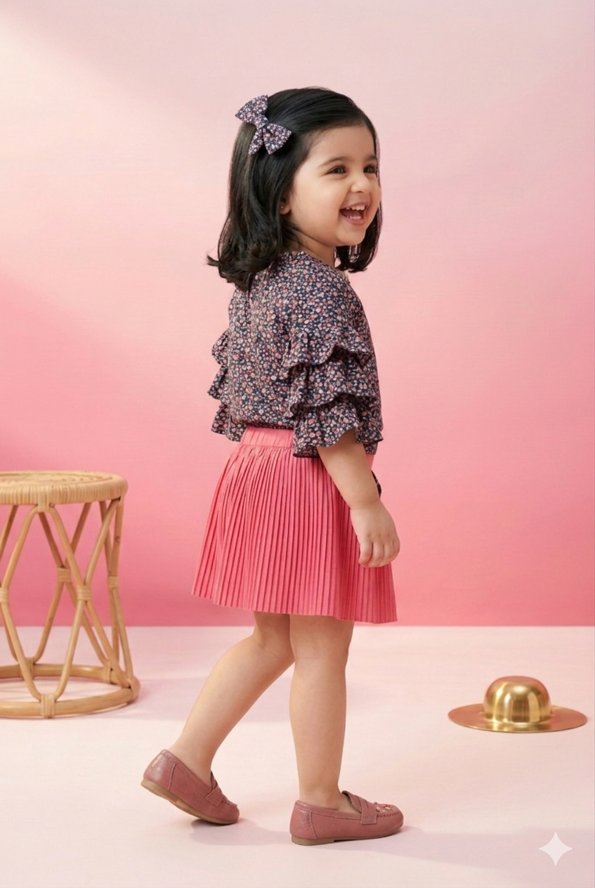 Peach Floral Ruffle Top with Pleated Skirt Set TSSET40336
