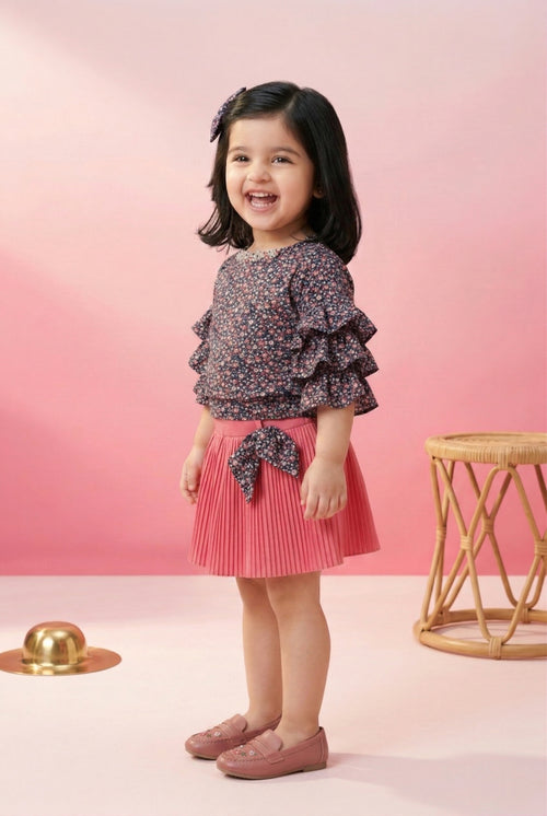 Peach Floral Ruffle Top with Pleated Skirt Set TSSET40336