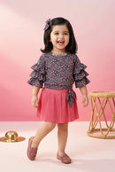 Peach Floral Ruffle Top with Pleated Skirt Set TSSET40336