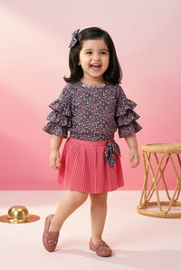 Peach Floral Ruffle Top with Pleated Skirt Set TSSET40336