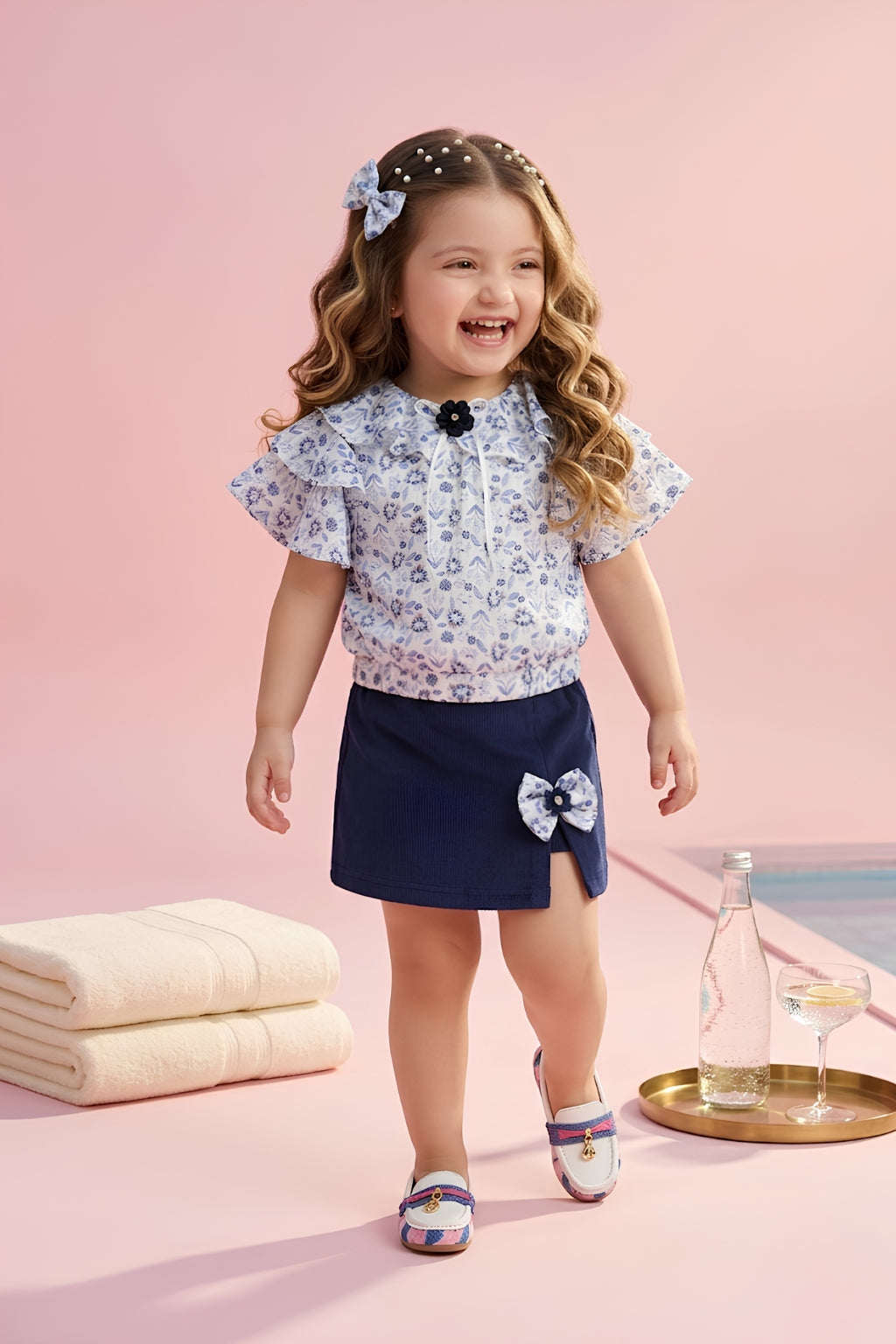 Blue Floral Ruffle Top with Navy Skirt Set TSSET40340