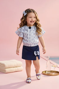 Blue Floral Ruffle Top with Navy Skirt Set TSSET40340