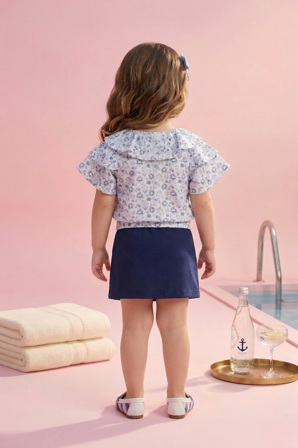 Blue Floral Ruffle Top with Navy Skirt Set TSSET40340