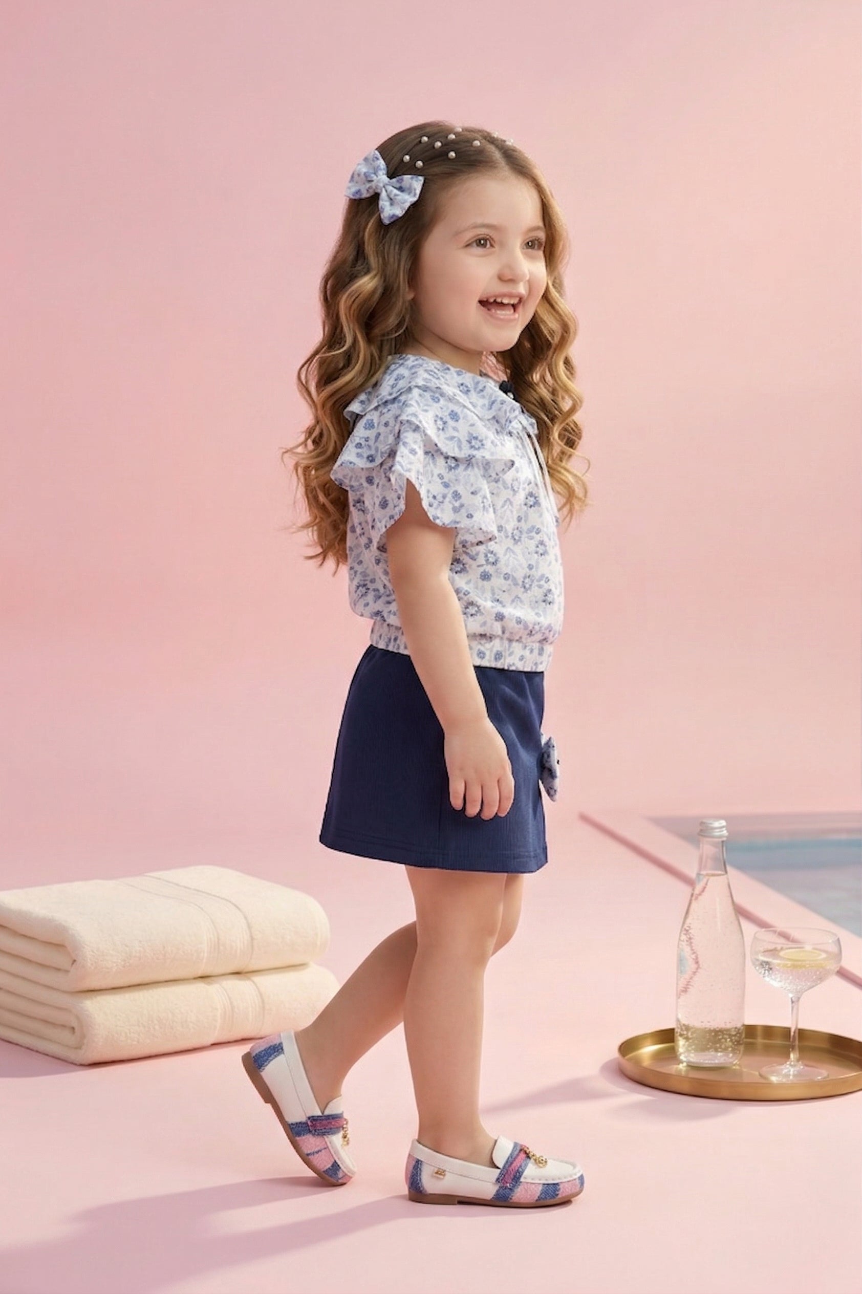 Blue Floral Ruffle Top with Navy Skirt Set TSSET40340