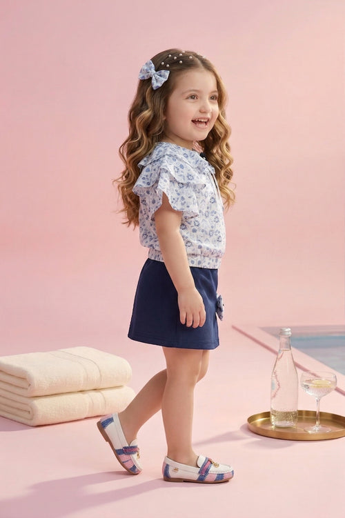 Blue Floral Ruffle Top with Navy Skirt Set TSSET40340