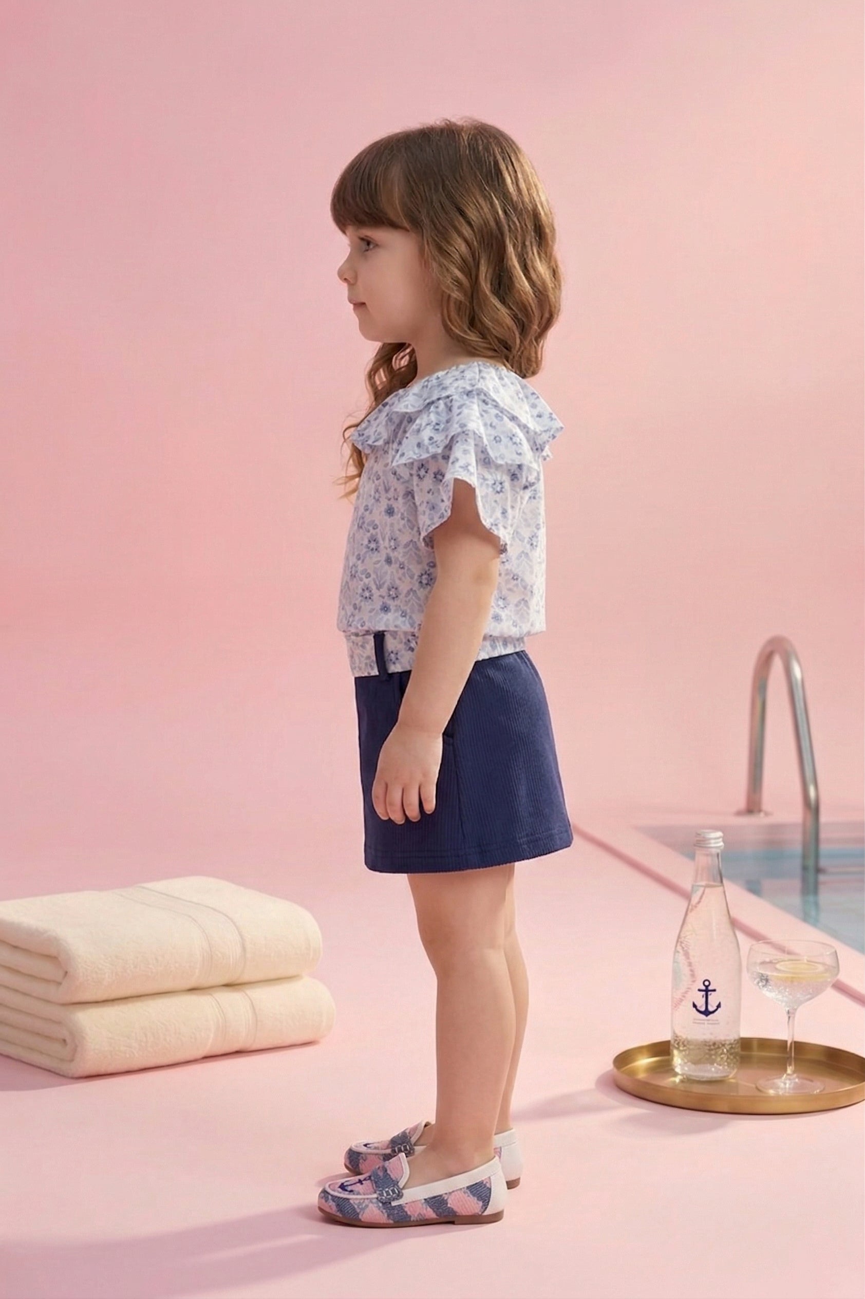 Blue Floral Ruffle Top with Navy Skirt Set TSSET40340