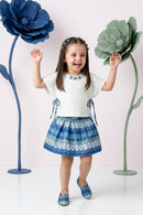 Pleated White Top & Blue Printed Skirt Set TSSET40346