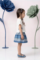 Pleated White Top & Blue Printed Skirt Set TSSET40346