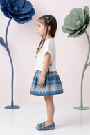 Pleated White Top & Blue Printed Skirt Set TSSET40346