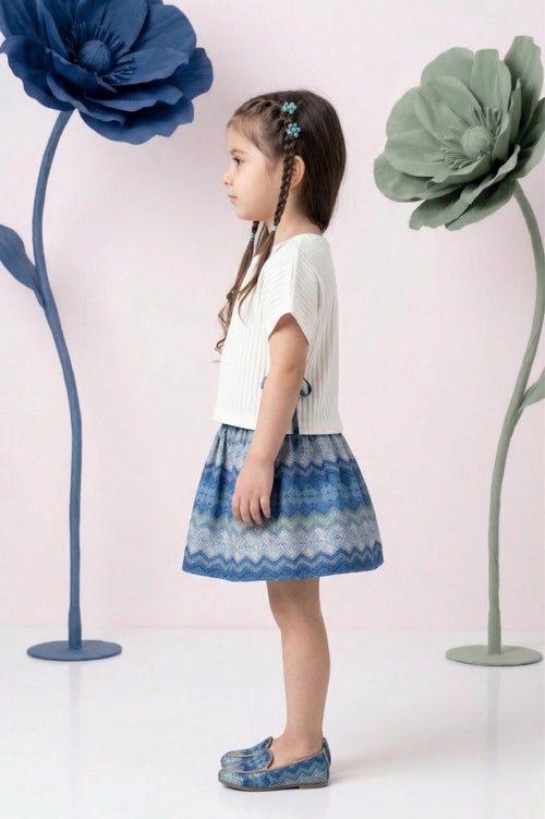 Pleated White Top & Blue Printed Skirt Set TSSET40346