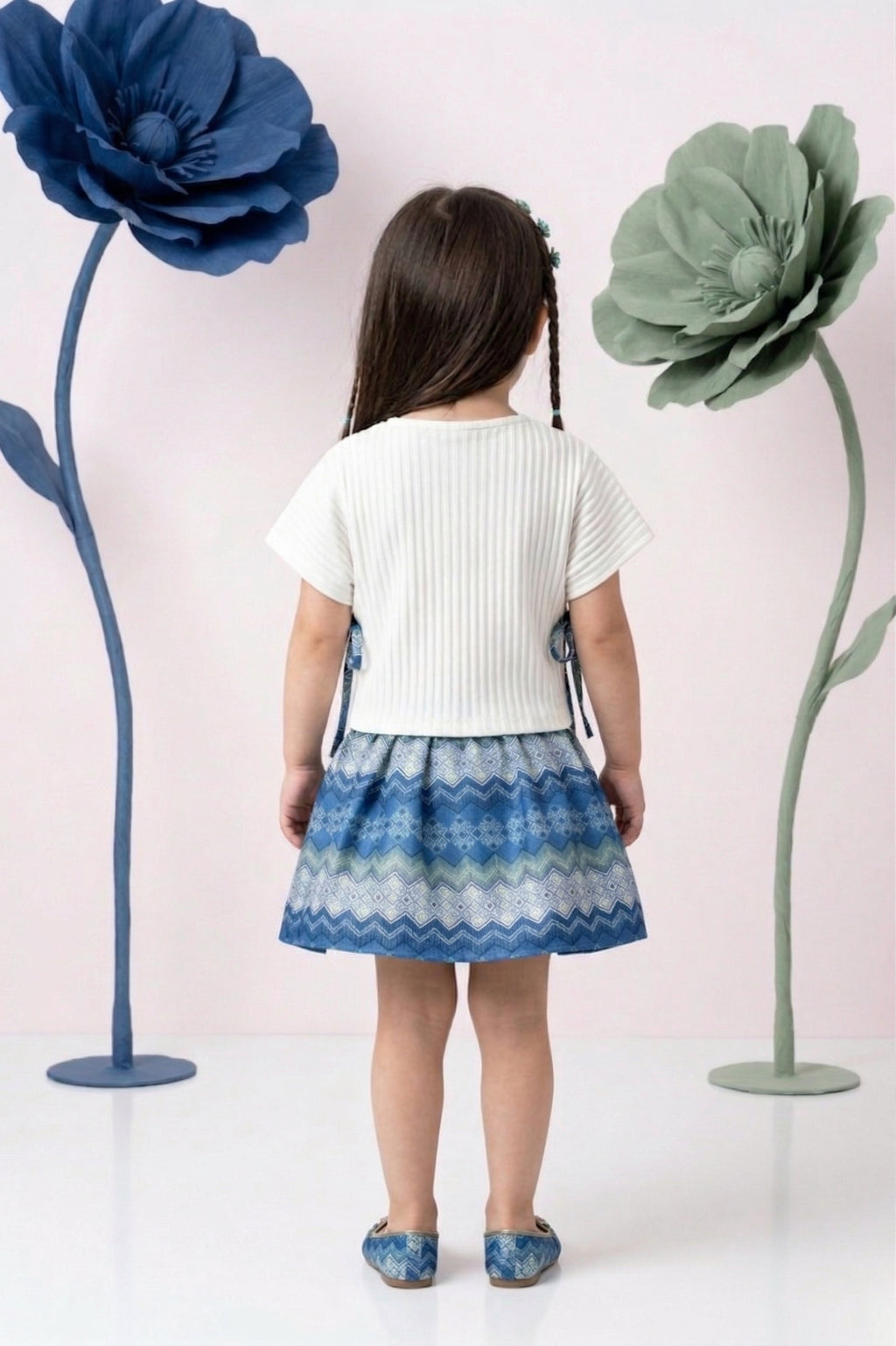 Pleated White Top & Blue Printed Skirt Set TSSET40346