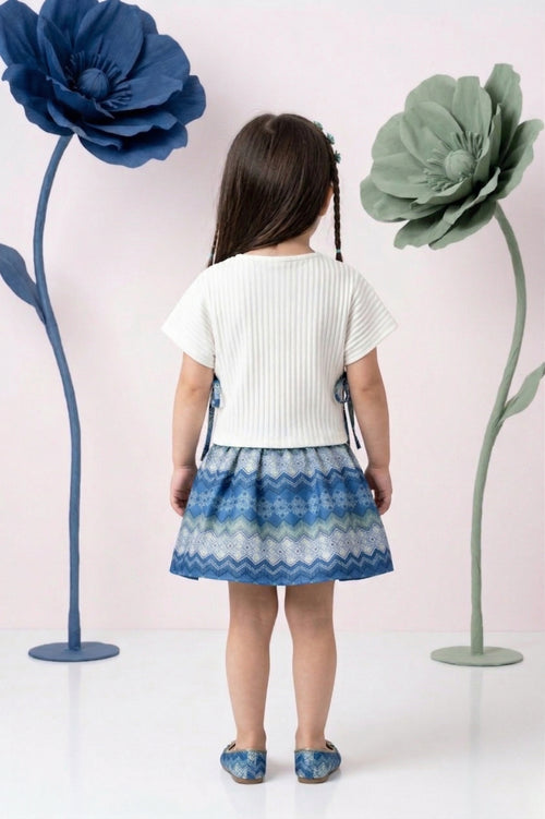 Pleated White Top & Blue Printed Skirt Set TSSET40346