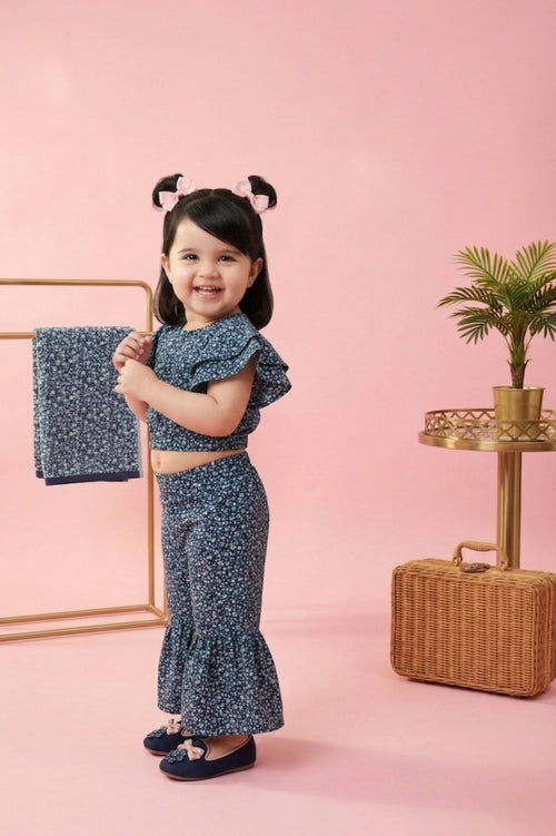 Navy Blue Floral Ruffle Top with Flared Pants Set TSSET40347
