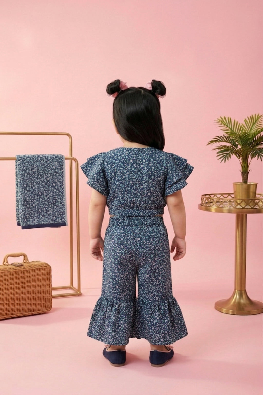 Navy Blue Floral Ruffle Top with Flared Pants Set TSSET40347