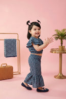 Navy Blue Floral Ruffle Top with Flared Pants Set TSSET40347
