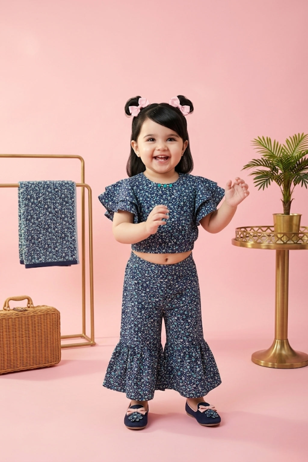 Navy Blue Floral Ruffle Top with Flared Pants Set TSSET40347