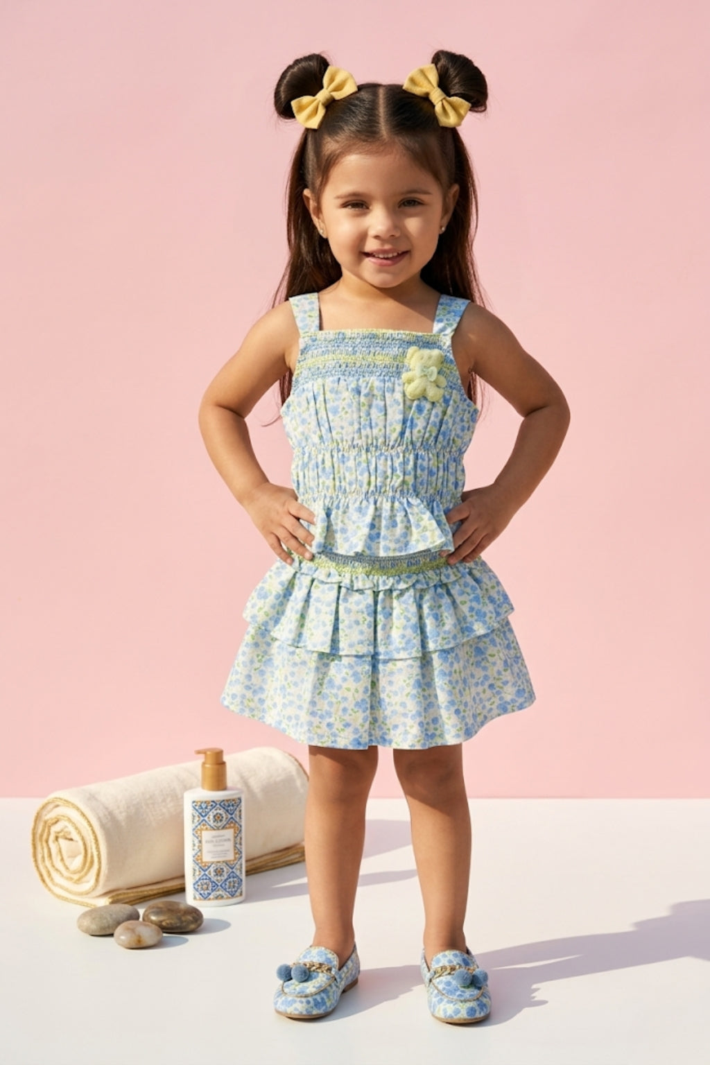 Blue Floral Smocked Top & Ruffle Skirt Set TSSET40359