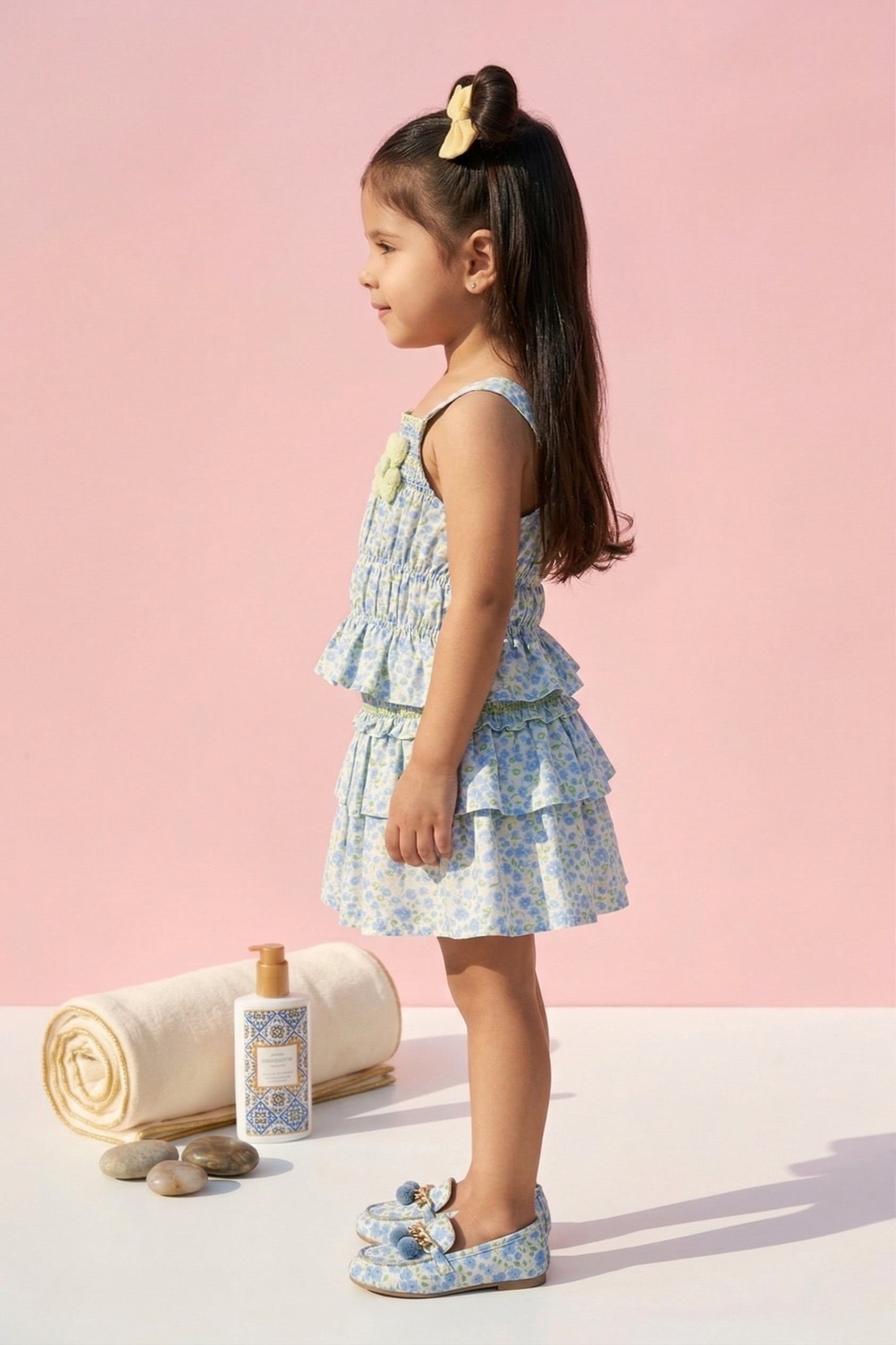 Blue Floral Smocked Top & Ruffle Skirt Set TSSET40359