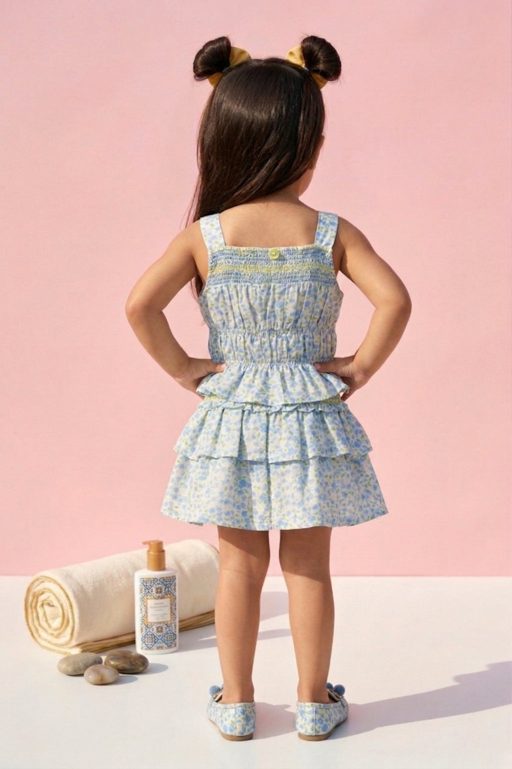 Blue Floral Smocked Top & Ruffle Skirt Set TSSET40359