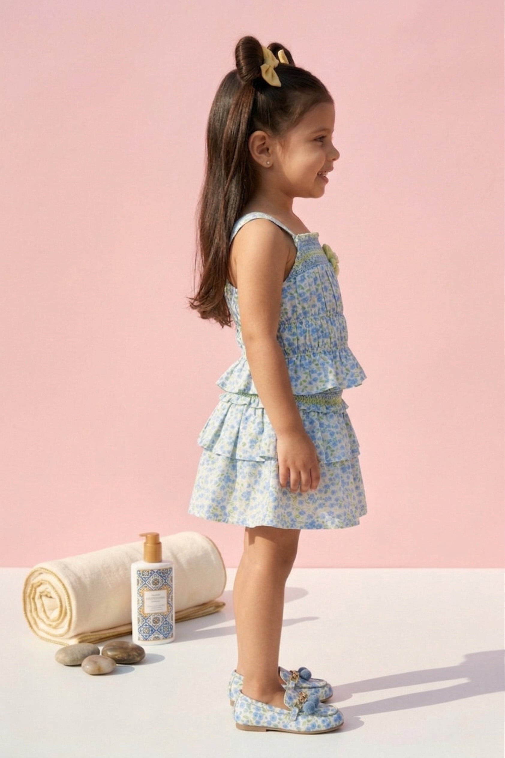 Blue Floral Smocked Top & Ruffle Skirt Set TSSET40359