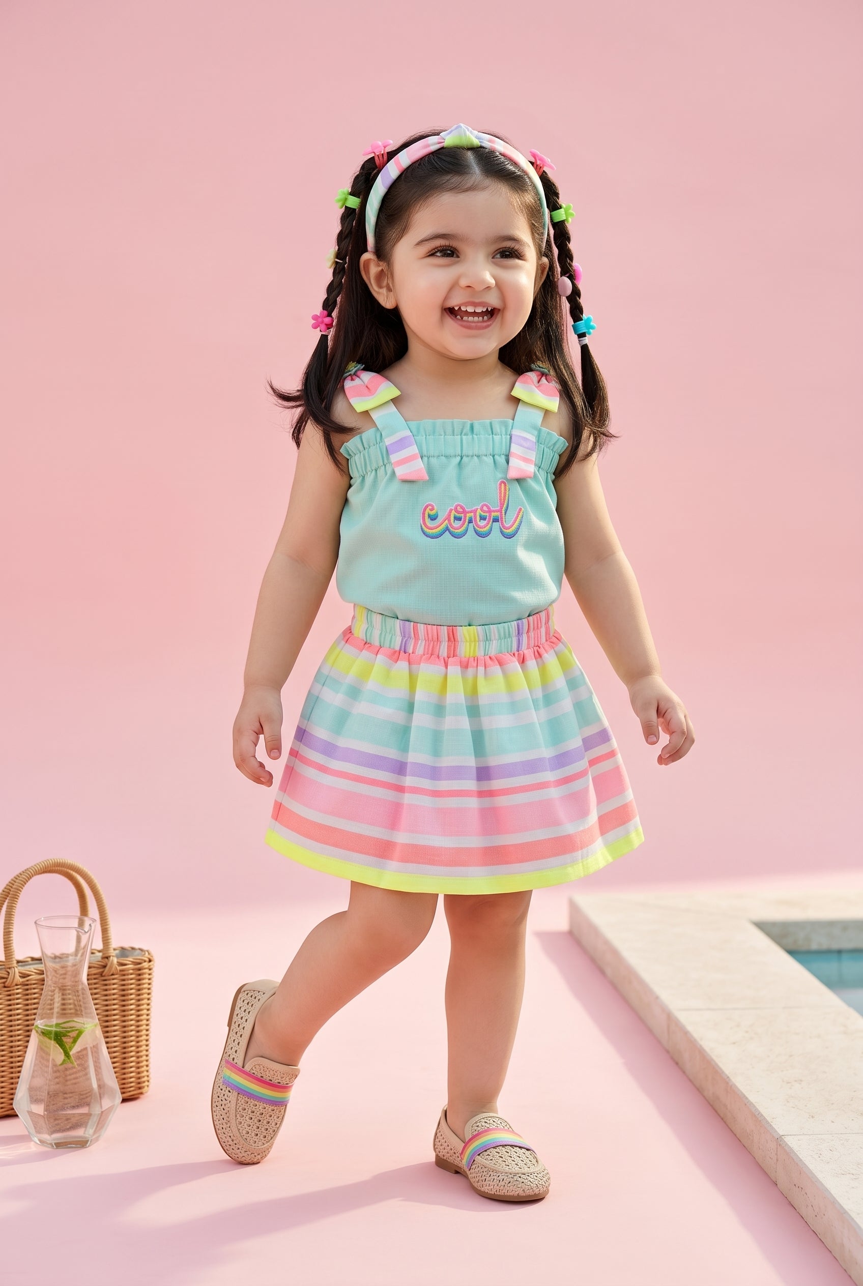 Aqua Top & Rainbow Stripe Skirt Set TSSET40376
