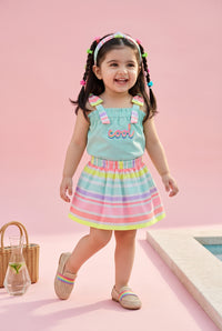 Aqua Top & Rainbow Stripe Skirt Set TSSET40376