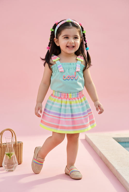 Aqua Top & Rainbow Stripe Skirt Set TSSET40376