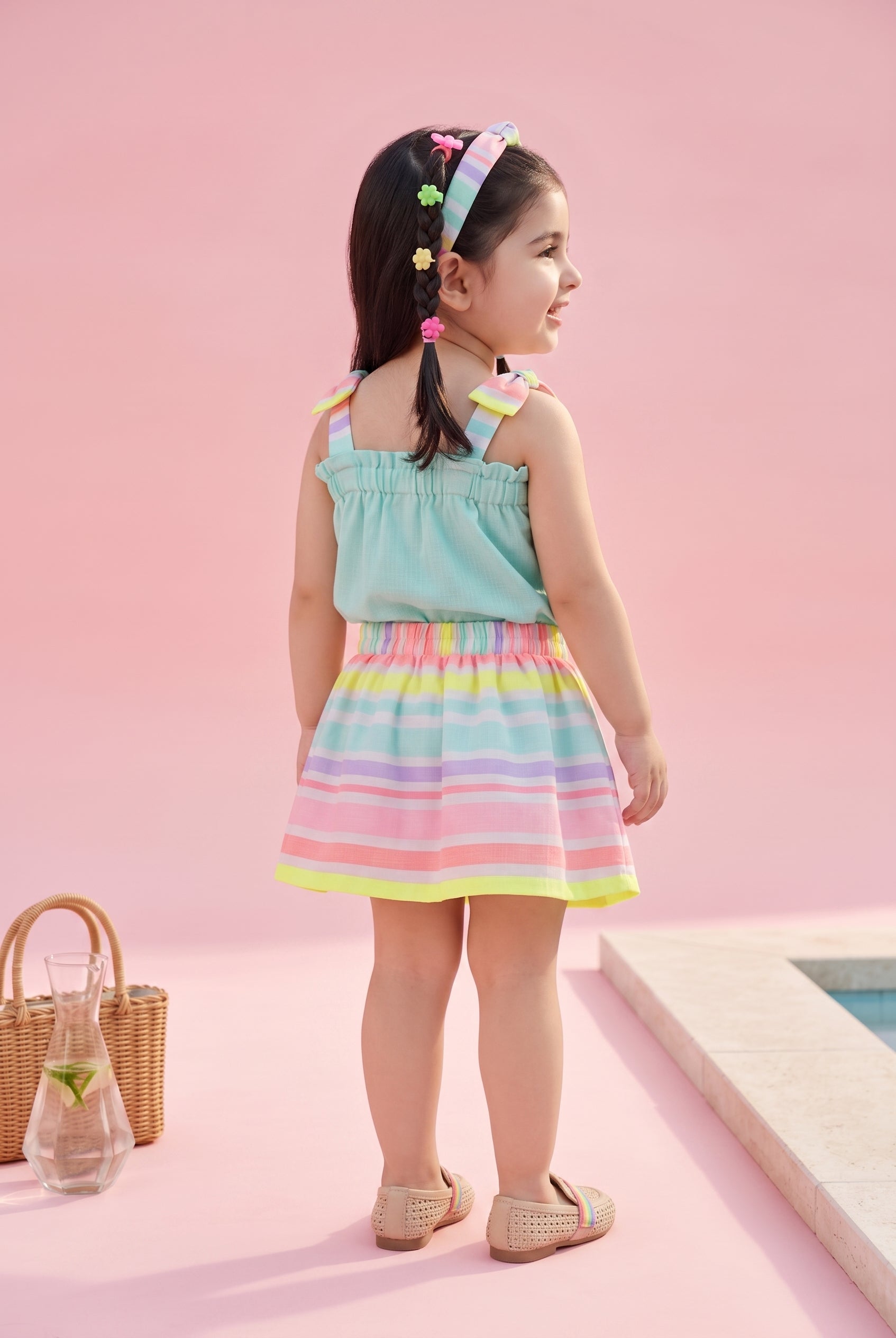 Aqua Top & Rainbow Stripe Skirt Set TSSET40376