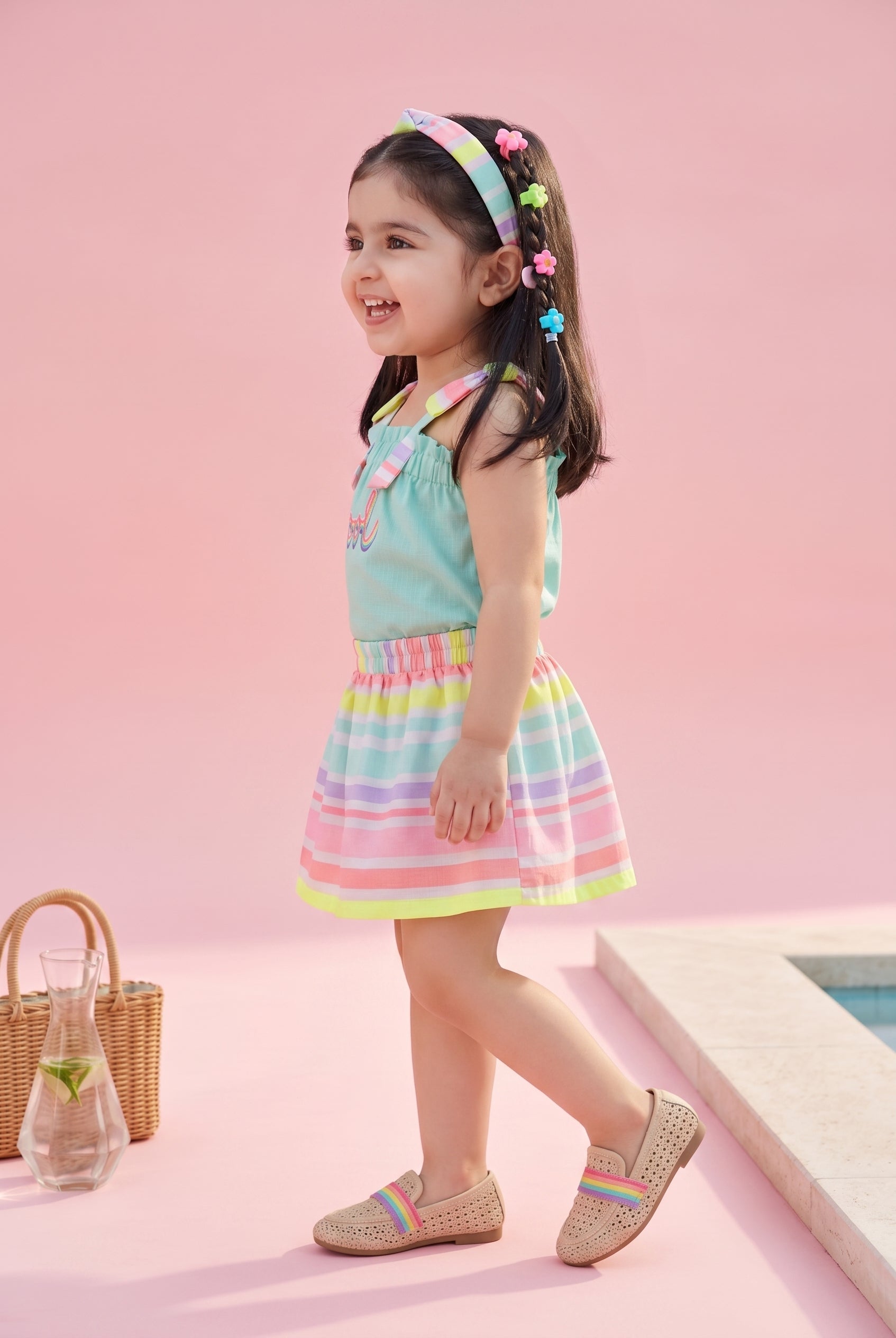 Aqua Top & Rainbow Stripe Skirt Set TSSET40376