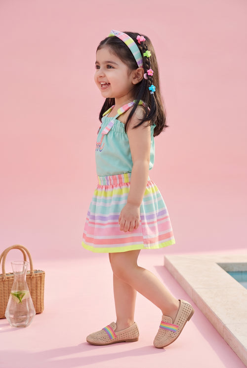 Aqua Top & Rainbow Stripe Skirt Set TSSET40376