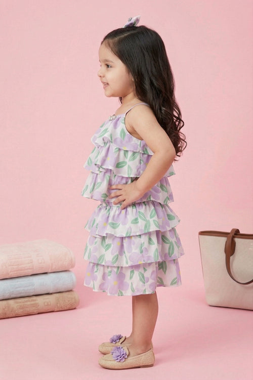 Lilac Floral Tiered Ruffle Top & Skirt Set TSSET40388