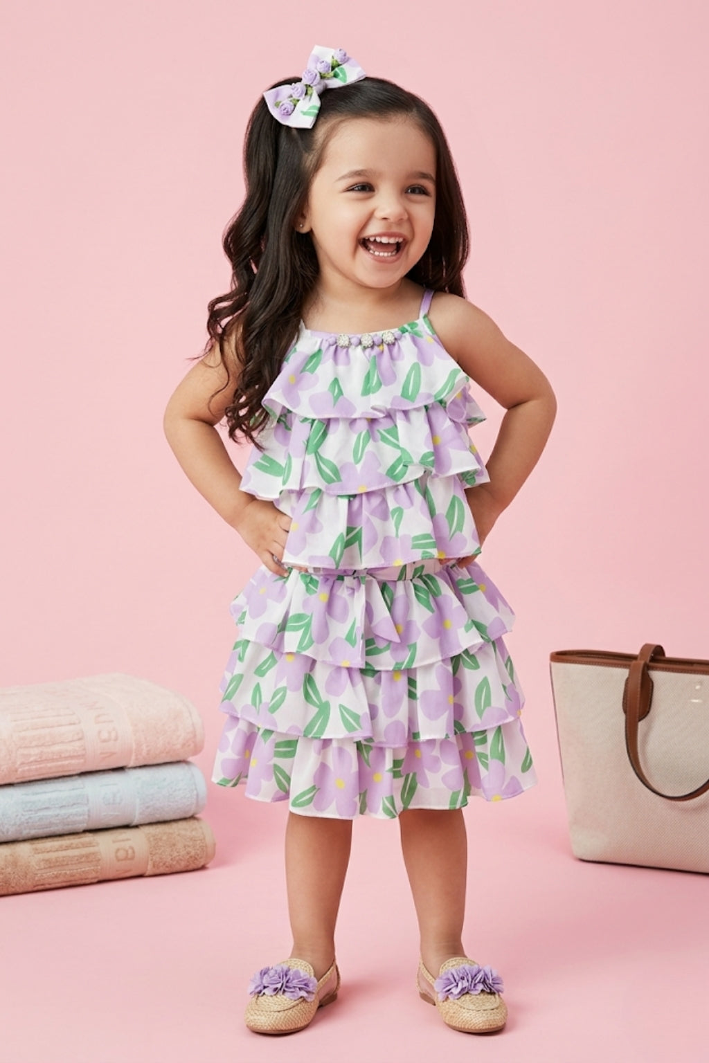 Lilac Floral Tiered Ruffle Top & Skirt Set TSSET40388