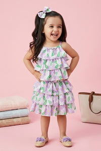 Lilac Floral Tiered Ruffle Top & Skirt Set TSSET40388