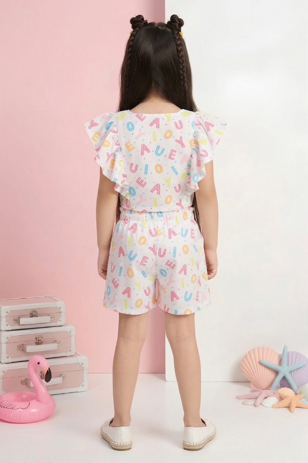 Alphabet Print Ruffle Top & Shorts Set TSSET40389