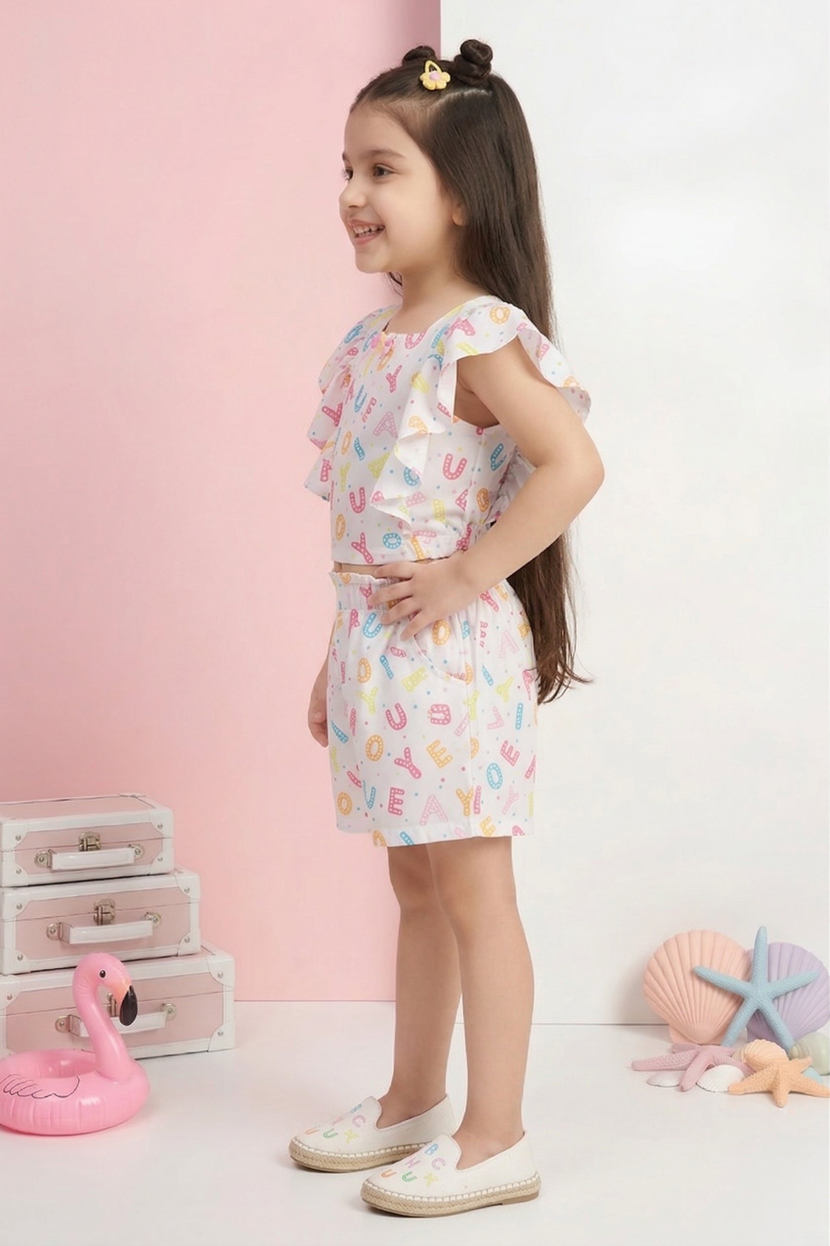 Alphabet Print Ruffle Top & Shorts Set TSSET40389