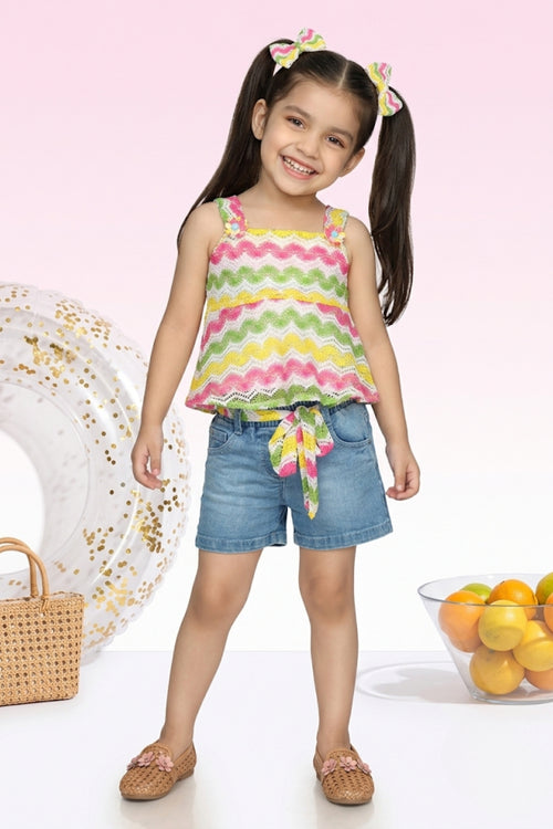 Rainbow Zigzag Top & Denim Shorts Set TSSET40397