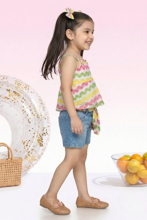 Rainbow Zigzag Top & Denim Shorts Set TSSET40397