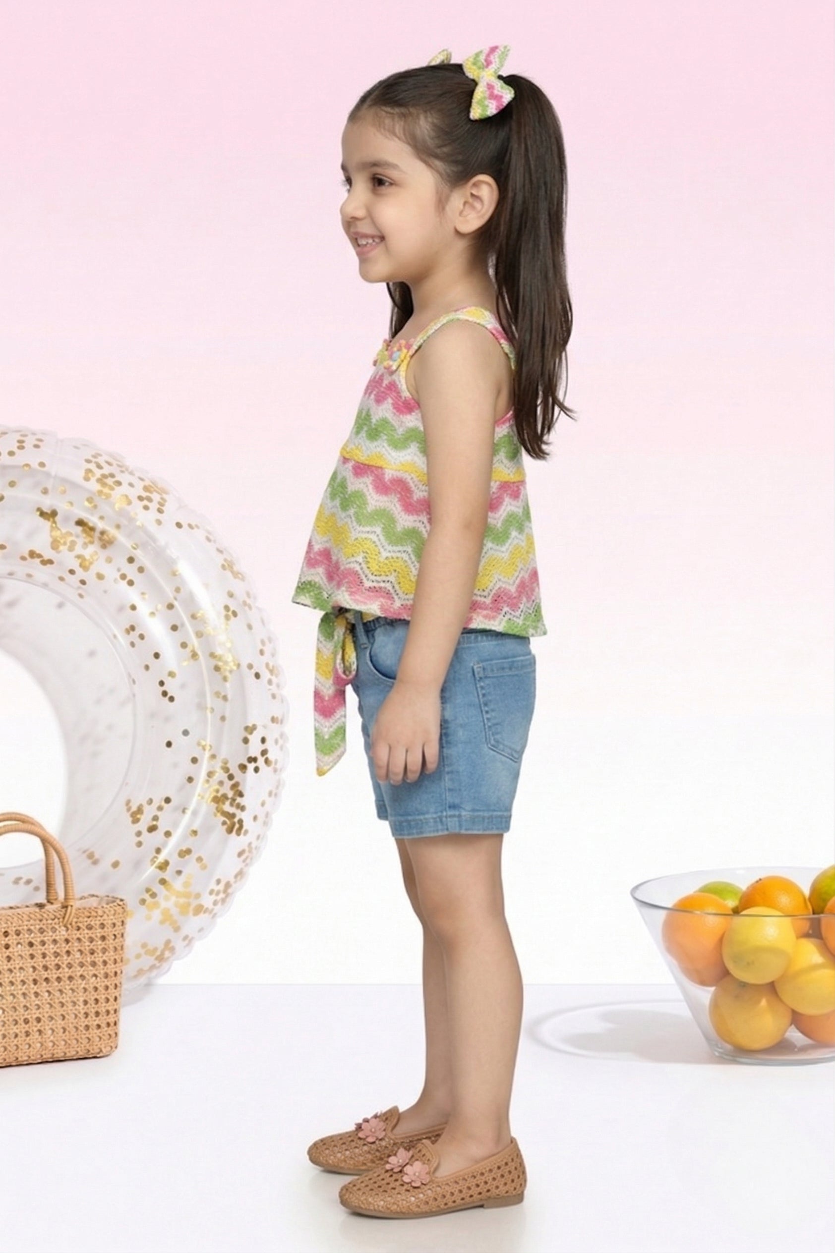 Rainbow Zigzag Top & Denim Shorts Set TSSET40397