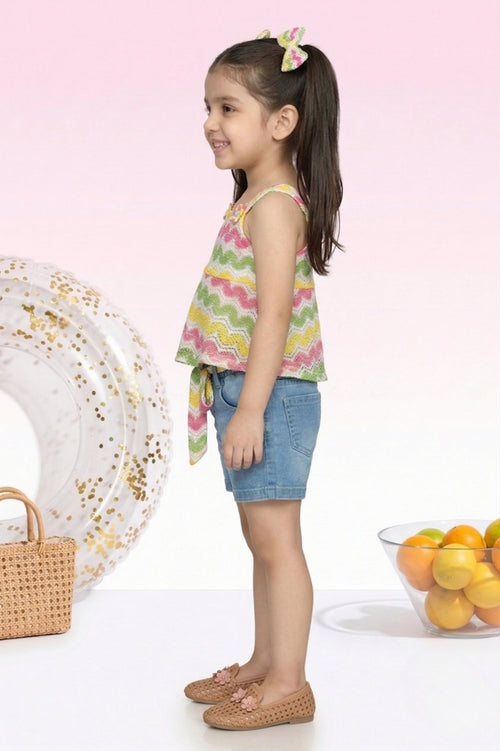 Rainbow Zigzag Top & Denim Shorts Set TSSET40397
