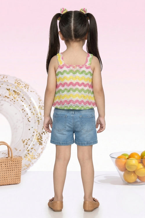 Rainbow Zigzag Top & Denim Shorts Set TSSET40397