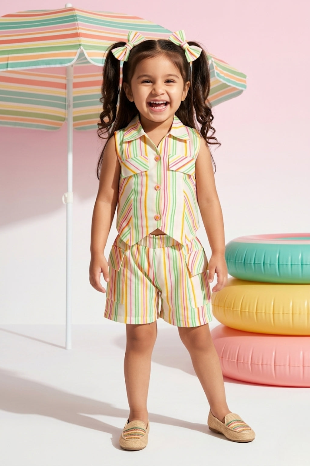 Pastel Stripe Sleeveless Top & Shorts Set TSSET40399